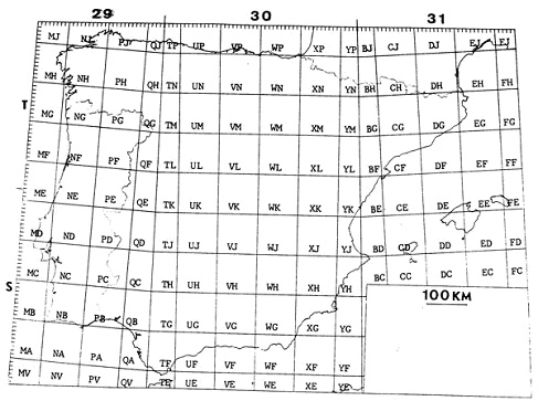 Denominaci&oacute;n de las cuadr&iacute;culas de 100 km en la Pen&iacute;nsula Ib&eacute;rica e Islas Baleares