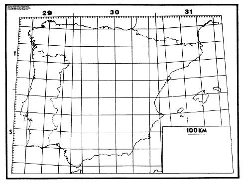 Mapa U.T.M. de la Pen&iacute;nsula Ib&eacute;rica e Islas Baleares editado por la Asociaci&oacute;n Espa&ntilde;ola de Entomolog&iacute;a. (Reducido un 50 %)
