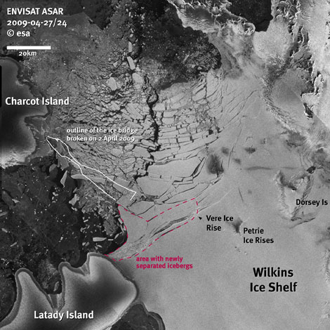 Fragmentación del puente de la plataforma Wilkins. | ESA
