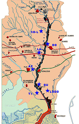 Zona afectada por el vertido minero en la Cuenca del R�o Guadiamar, con la localizaci�n de los principales puntos de seguimiento de las plantas. Mapa modificado de la Consejer�a de Medio Ambiente, 2001
