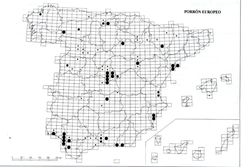 Mapa de distribuci�n del Porr�n europeo en Espa�a. 
